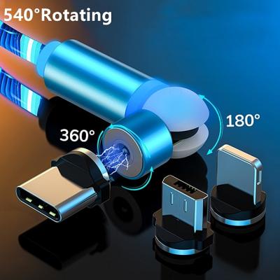 China Magnetic Fast Charging Led Flowing Light Rotating 540 Degree 3 In 1 Magnet Charging Usb Cable Magnetic Charging Data Cable for sale