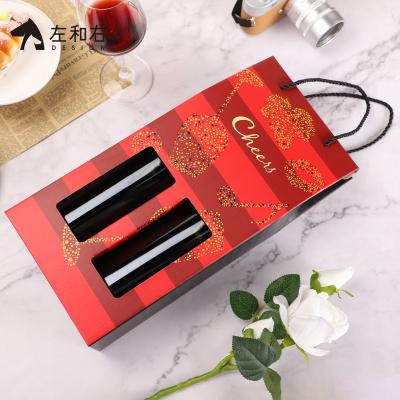 China Wholesale 2 Recyclable Custom Cheap Bottle Corrugated Wine Gift Paper Box Foldable Wine Paper Bag With Handle for sale