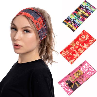 China Fashion ins fashion vintage print wide headband for women yoga sports elastic color headband hair band for sale