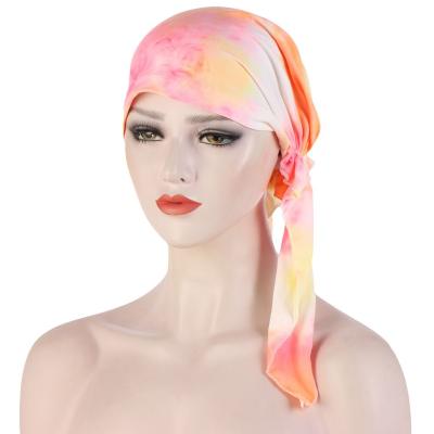 China New Multifunctional Tie Dye Turban Hat With Tail Single Bandana Elastic Chemotherapy Turban Hat Headscarf For Women for sale