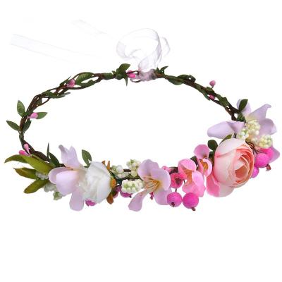 China Soft Pink Flower Headband Princess Flower Headband Floral Crown Trendy INS Fashion With Berry Bridal Wedding Party Hair Wreath Boho Headdress for sale