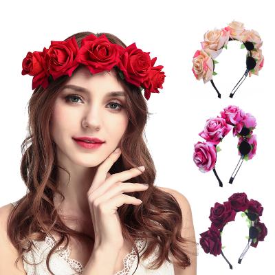 China New Girls Rose Flower Crown Bridal Wreath Garland Fabric Artificial Flower Headband Fashionable Factory Cheap Sale for sale