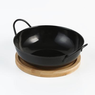 China Durable Carbon Steel Black 20cm Wok Double Handle Pan With Wooden Tray For Cooking for sale