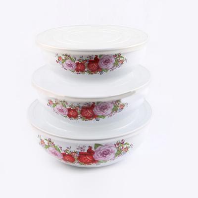 China Sustainable 0.4mm Mixing Bowls With Airtight Lids Custom Patterned Enamel Bowls With Plastic Cap for sale