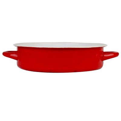 China General use for gas pan and induction cooker round red enamel cooking pan metal pot eco steel cookware with double handle for sale