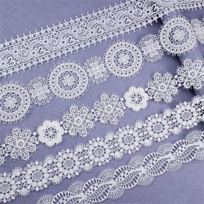 China Viable White French Guipure Fabrics Appliques Cheap Factory Milk Silk_micro Fiber Embroidery Bridal Lace Trimmings for sale