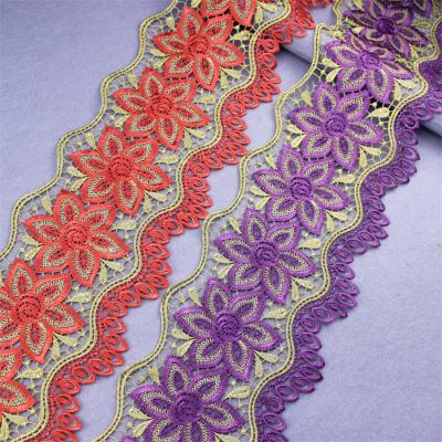 China Viable Wholesale Decorative Gold Embroidery Shiny Wedding Trim Ribbon Lace Up Multicolor Embroidered Cotton for sale