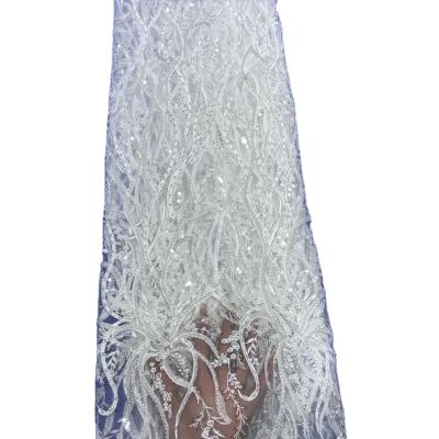 China B971 Rayon Pearl Embroidered Fabric Luxury Sequined White Lace Viable Mesh Bridal Wedding Dress for sale