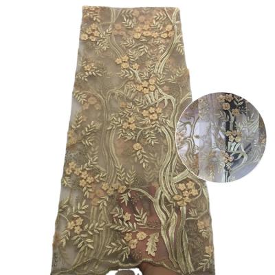 China Viable high quality dacron DH624 thread gold thread 3D branches petal flower embroidery fabric mesh lace chinese style evening dress for sale