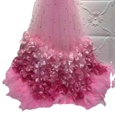 China Viable Luxury Tricolor Handmade Lace Bronzed Gradient 3D Petal Flower Feather Tulle Lace Party Dress Fabric For Kids for sale