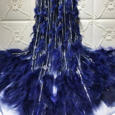 China Viable High Quality European And American Handmade Glitter 3D Lace Feather Tulle Lace Evening Dress Fabric for sale