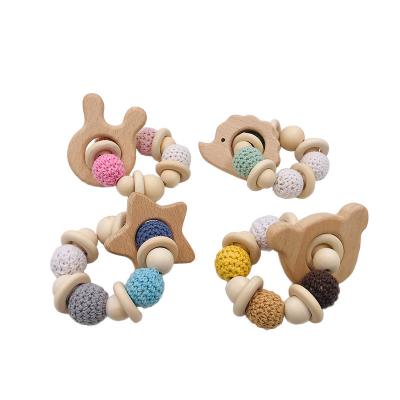 China Wholesale Beech Wooden Silicone Baby Toy Cartoon Animal Teeth Play DIY Bead Toy Wooden Milk Teeth Bracelet for sale