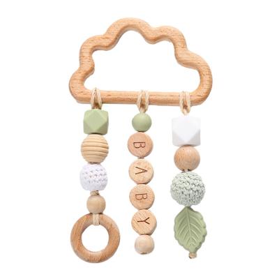 China Newborn Infant Wooden Baby Squirrel Teether Toy Silicone Hand String Pendant Beaded Wooden Baby Stroller Toys Accessories for sale