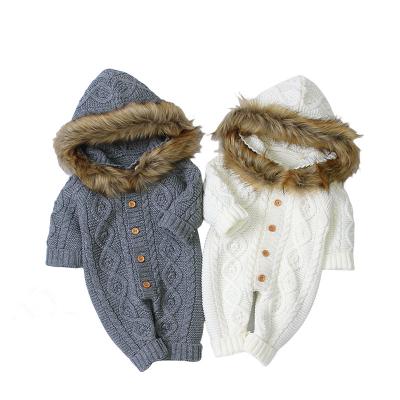 China Hot Selling Polyester/Cotton Kids Winter Clothes Infant Hooded Romper Baby Wool Collar Knitted Warm Overalls Rompers Baby for sale