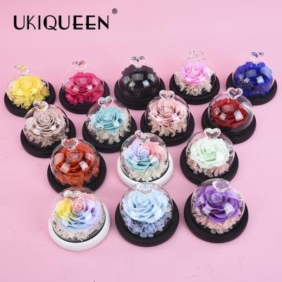 China Crafts Gift UKIQUEEN Factory Wholesale Preserved Small Rose Flower Glass Dome Eternal Everlasting Immortal for sale