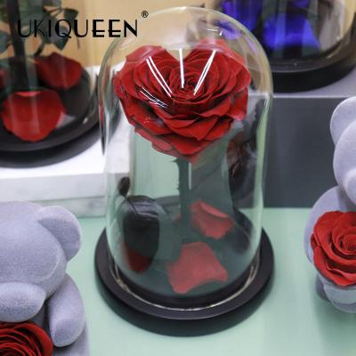 China Crafts Gift Factory Wholesale Durable Immortal Eternal Flower Preserved Heart Rose Glass Dome for sale