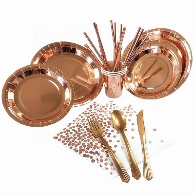 China Wholesale Disposable Paper Cup Straw Rose Gold Tableware Birthday Party Decoration Disposable Paper Plate for sale