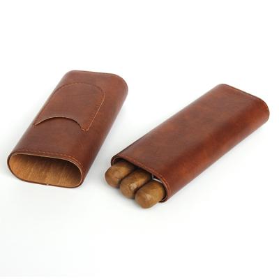 China Newest 3 Large Cigars Portable Patina Handmade Leather Cigar Holder Accessories Pocket, Brown Leather Cigar t for sale