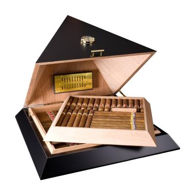 China Handmade Pyramid Cedar Wood Lebanon Cigar Humidor Cabinet Black Glossy Lacquer British English British Cigar Case for sale