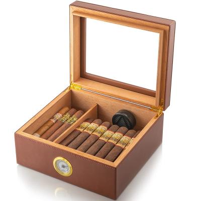 China Handmade Wooden Transparent Leather Cigar Box Case Cigar Gifts Cigar Top Glass Humidor For Men for sale