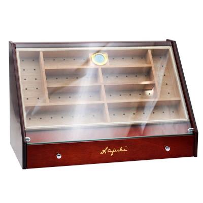 China Custom Made Cigar Cabinet Temperature Controlled Logo Cedar Glass Top Humidor with Accessory Drawer for sale