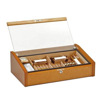 China Wholesale Handmade Branded Cigarette Humidor Cigar Case Holder Glass Top Humidor Box With Lock Bulk for sale