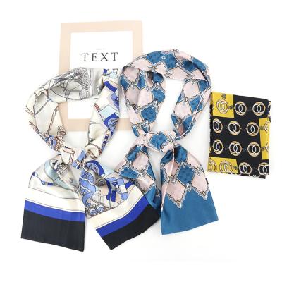 China Elegant Women Style Breathable Korean Silk Head Band Neck Long Feel Satin Scarf Hair Tie Band Small Fashion Long Scarf for sale