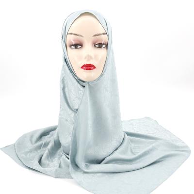 China Fashion Solid Color Satin Jacquard Jacquard Hijab High Quality Cheap Custom Made Silk Shawl With Chiffon Flower Chain Stone Hijab Scarf for sale