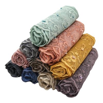 China 2021 Fashion Wholesale Wedding Solid Colors Bandhnu Cotton Muslim Pearl Lace Up Muslim Hijab Scarf Veil Hijab for sale