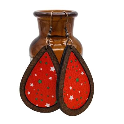 China Vintage Ethnic Leather Pattern Leather Christmas Wooden Frame Bark Earrings Water Drop Bend Texture Earrings for sale