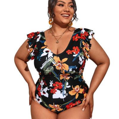 China QUICK DRY wholesale bikini ruffled print plus size beach wear ladies one piece swimsuit size large for sale