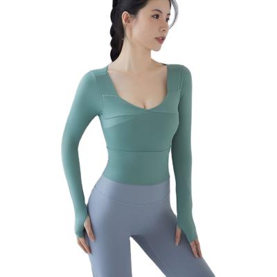 China Breathable Shockproof Sports Long Sleeve Shirt Sports Fitness Underwear Thumb Set Yoga Tops For Women for sale