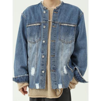 China QUICK DRY men's vintage washed fur-trimmed denim jacket with round collar and metal trim ripped top for sale