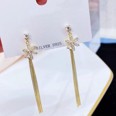 China TRENDY 9EL16K Sterling Silver 925 Stud Earrings With Long Chain Gold Plated CZ Tassel Dangle Earring for sale