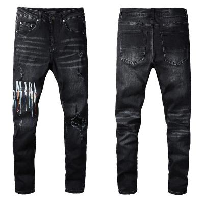 China Fashion Trend Brand Street Style Letters Denim Youth Spray Painted Black Skinny 100% Black Jeans for sale