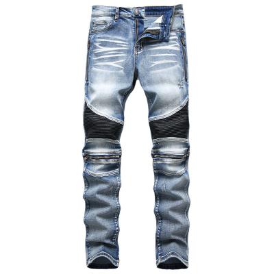 China Windproof Style Mens High Street Biker Jeans Slim Straight Zipper Pleated Mens Plus-Size Motorcycle Mens Pants for sale