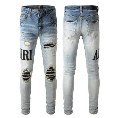 China 100% cotton fashion trend brand high street jeans ripped patch damage waist slimmer men's jeans for sale