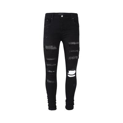 China 100% Cotton High Street Fashion Brand Black Rhinestone Stretch Jeans High Street Ripped Slim Mens Jeans for sale