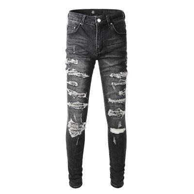 China Patch 100% Cotton Fashion Trend Brand High Street Street Style Slim Plus Size Biker Style Dark Gray Denim Trousers Jeans for sale