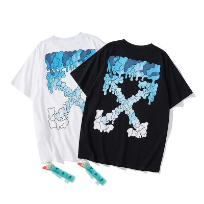 China HIGH STREET fashion trend brand street style OFF blue water drop arrow OUCH round collar T-shirt men's and women's short sleeves for sale