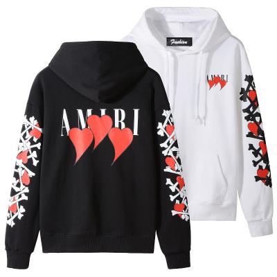 China Youth pullover street style fashion brand graffiti heart bone pattern stain high quality casual hoodie printed pullover hoodie for sale