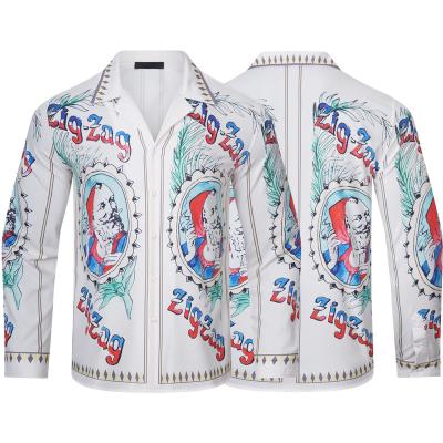 China Spandex/Cotton fashion trend brand men's holiday shirt character image printed letters slim Hawaiian style long sleeve shirt for sale