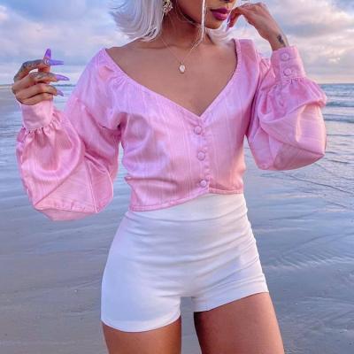 China 2020 Autumn Latern Sleeve Woman Blouse Pink V-Neck Satin Shirts Anti-wrinkle Fashionable Cute Tops For Women Blouses for sale