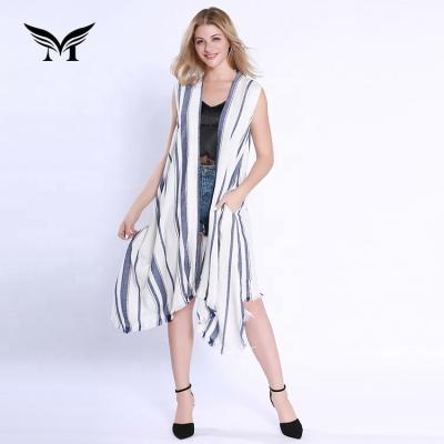 China New Design Sustainable Comfortable Summer Casual Yarn Dyed Fashion Long Striped Women Sleeveless Coat Coat for sale