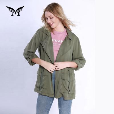 China Wholesale Sustainable Design Army Green Plain Women's Long Cotton Fashion Lapel Wide Spring Lightweight Jackets for sale