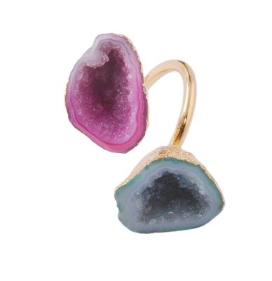 China CLASSIC Natural Geode Agate Rings Adjustable Double Druzy Gemstone Cuff Rings Women Rings for sale