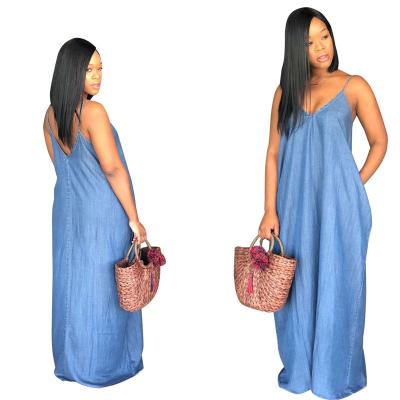 China Lady Elegant Sexy Clothes Jean Floor Long Maxi Casual Dress 040114 Best Summer Denim Spaghetti Strap Loose Girls Viable Selling Women for sale