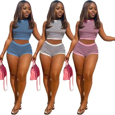 China Newcomer anti-pilling clothing sets summer casual short sleeve striped women's shorts 2 piece set for sale