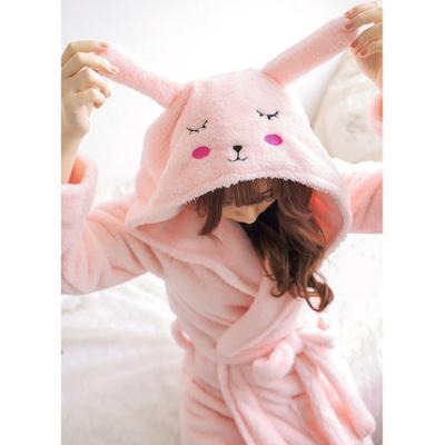 China OEM girls fleece coral bathrobe winter pijamas rabbit thermal hood knee length pajamas for sale