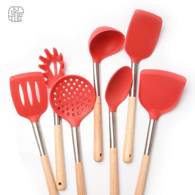 China Viable Silicone 7pcs Heat Resistant Cookware Set With Wooden Handle Pocket Turner Spatula Pasta Spoon Kitchen Dish Set for sale